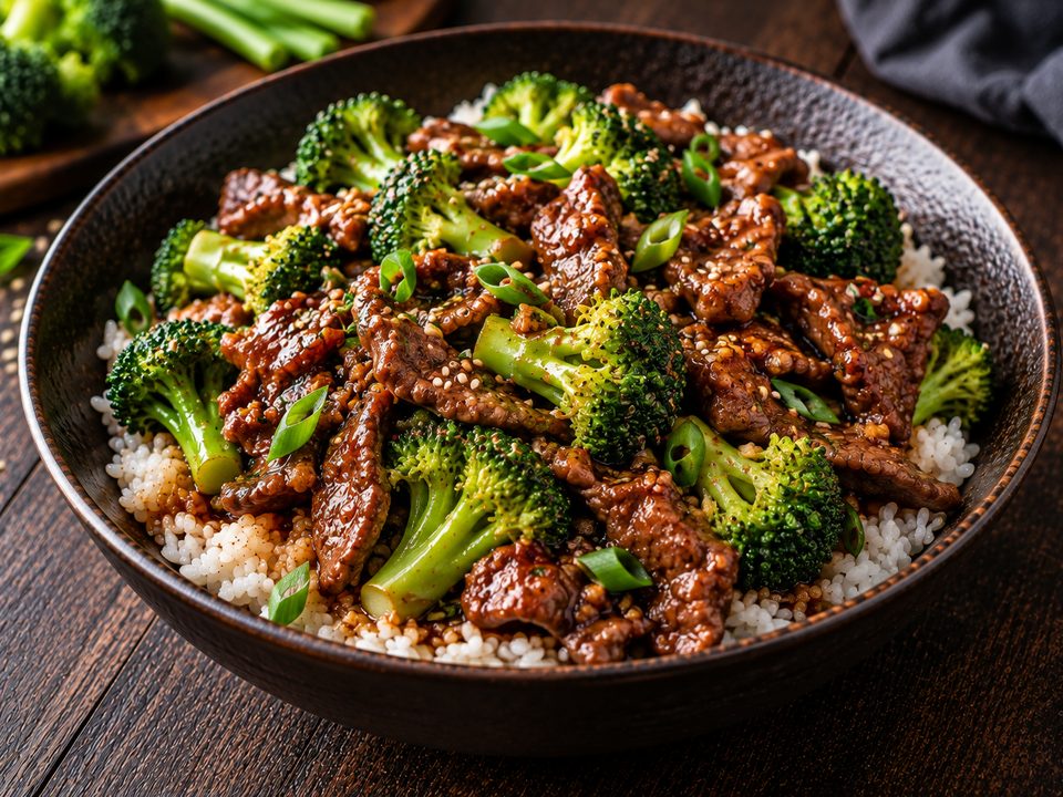 Sliced beef and broccoli in a glossy brown sauce over white rice