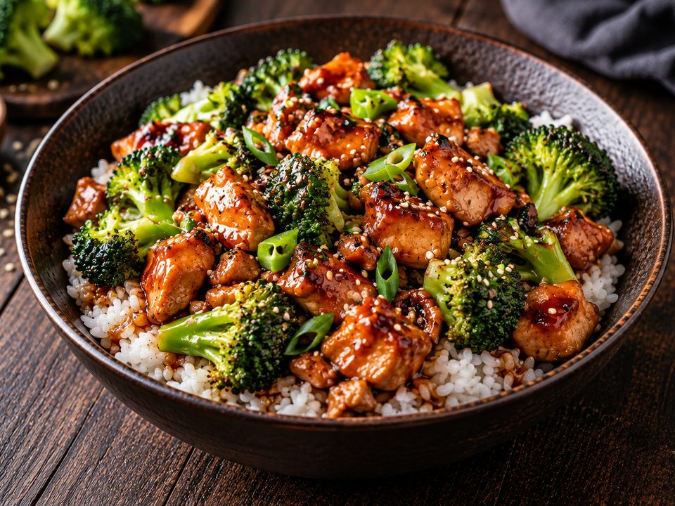 Glazed teriyaki chicken and broccoli over white rice with sesame seeds