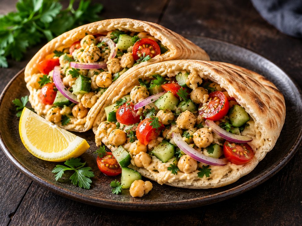 Pita halves filled with hummus, smashed chickpeas, cucumber, tomatoes, red onion and parsley, with a lemon wedge