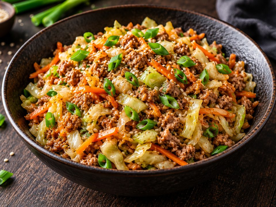 Ground pork stir-fried with shredded cabbage and carrots, topped with green onions and sesame seeds