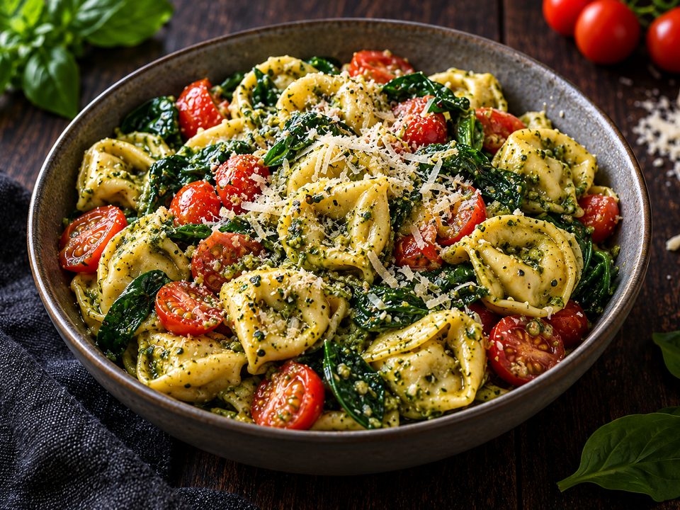 Cheese tortellini in basil pesto with cherry tomatoes, spinach and grated Parmesan in a dark bowl