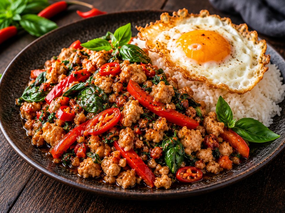 Thai basil ground chicken with red peppers and chilies beside jasmine rice topped with a crispy fried egg
