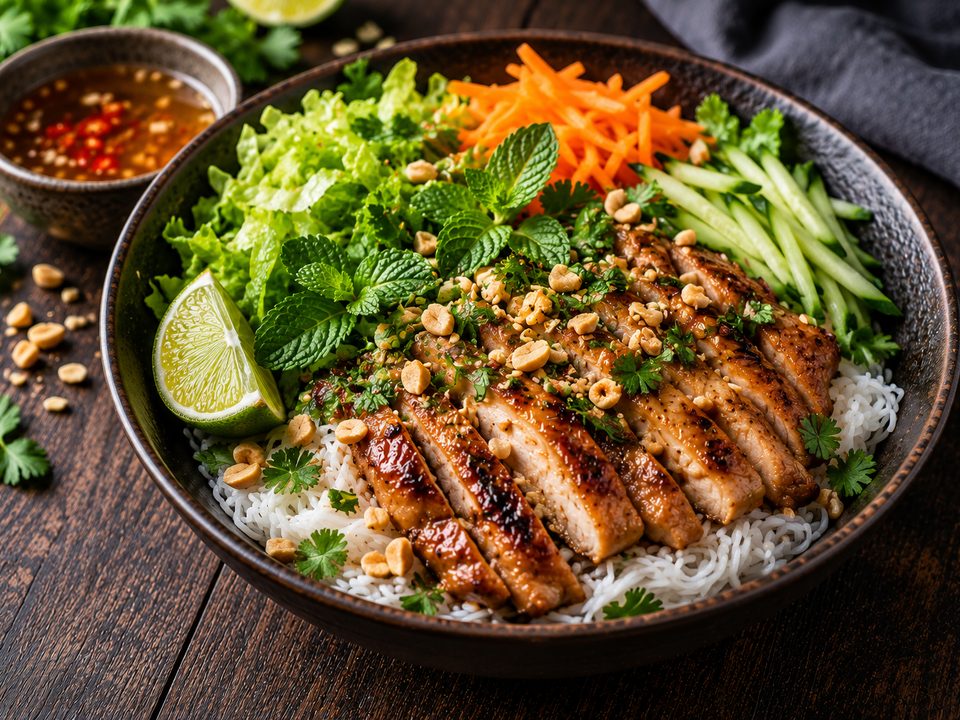 Rice noodle bowl with sliced chicken, lettuce, cucumber, carrots, mint, peanuts and lime, with dipping sauce